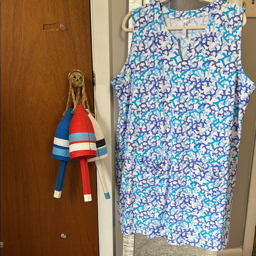 Lulu-B Blue & Teal Abstract Coral Print Dress